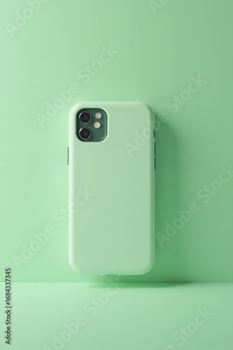 Light Green Smartphone Case on Green Surface in Minimalist Studio