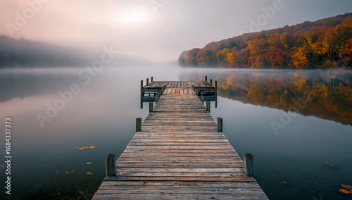 Empty wooden pier extending into a misty lake with autumn foliage on the distant shore