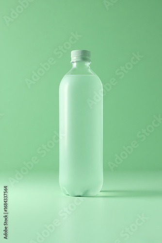 Minimalist Light Green Plastic Bottle Standing on Green Background
