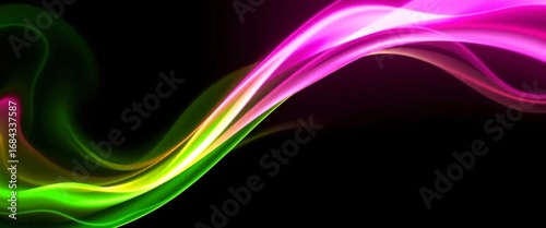 Dynamic Abstract Wavy Light Streaks with Vibrant Neon Pink and Green Colors on a Black Background