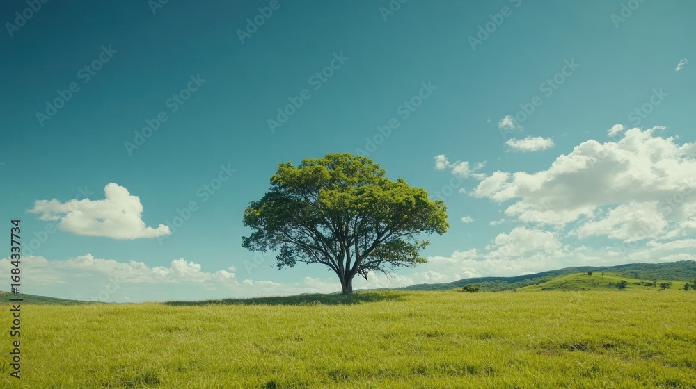 Fototapeta premium Solitary tree on grassy hilltop under partly cloudy sky