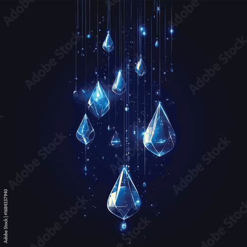 Glowing polygonal water drops Abstract web banner concept on dark blue background. , vector style simple color