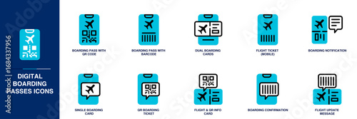 Digital Boarding Passes Blue Colored Outline Icon Set