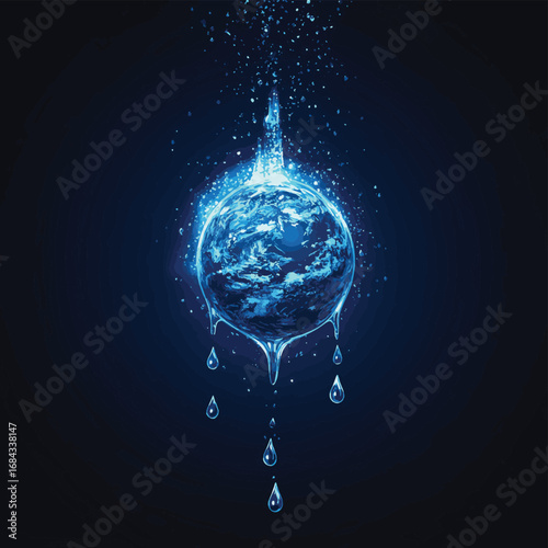 Global water preservation concept with glowing water drops above Earth on dark blue background. , vector style simple color