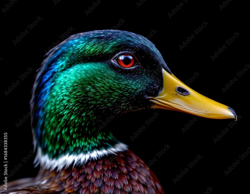Obraz premium Closeup Profile Mallard Duck Against Black Background