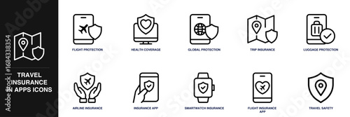 Travel Insurance in Apps Line Icon Set