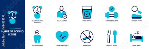 Habit Stacking Blue Colored Outline Icon Set