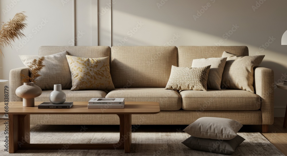 Fototapeta premium Cozy Living Room Interior with Sofa Pillows and Decor.