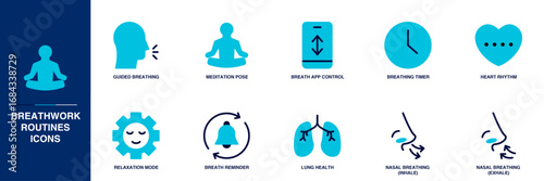 Breathwork Routines Blue Colored Outline Icon Set