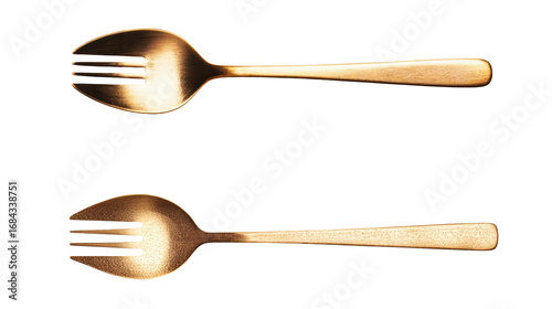 Golden sporks with shiny finish are displayed on transparency background, showcasing their elegant design
