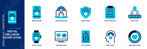Digital Wellness Score Blue Colored Outline Icon Set