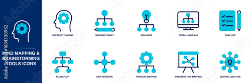 Mind Mapping & Brainstorming Tool Blue Colored Outline Icon Set