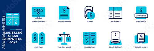SaaS Billing & Plan Comparison Blue Colored Outline Icon Set