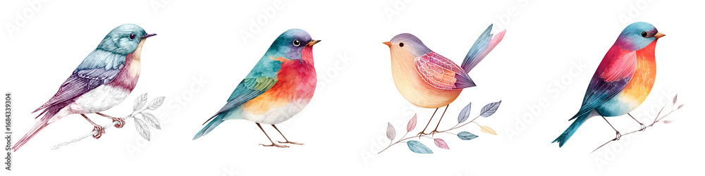 Fototapeta premium Watercolor Birds Collection - Colorful Songbirds Illustration Set