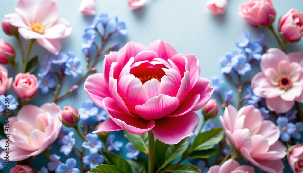Obraz premium Vibrant Pink Peony with Blue Floral Background