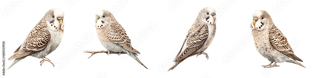 Naklejka premium Watercolor Illustration: Set of Four Budgerigars in Various Poses on a White Background