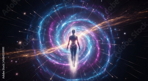 Wallpaper Mural Silhouette figure walking into colorful galaxy portal with light rays and cosmic dust around, concept for spiritual journey, meditation experience and consciousness exploration Torontodigital.ca