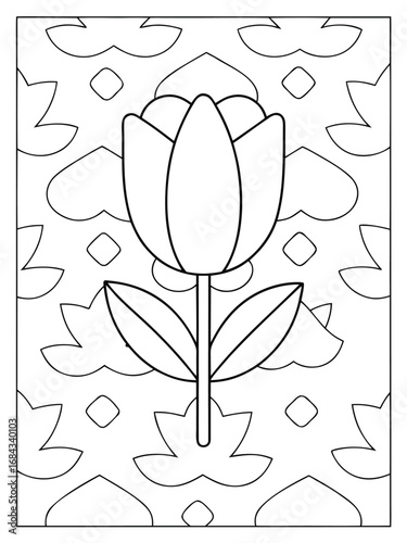 Outline Coloring Page of a Tulip Flower with Abstract Floral Background Pattern stem