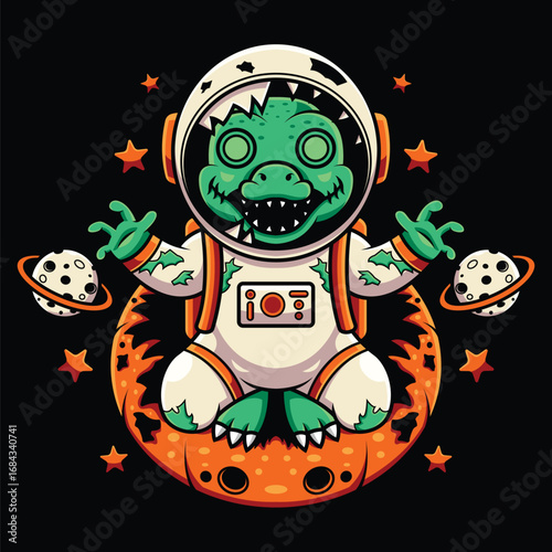 Zombie T Rex Astronaut in Outer Space Cute Character Illustration