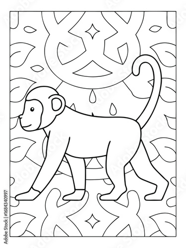 Outline drawing of a walking monkey with a curly tail and a decorative sun and leaf background illustration