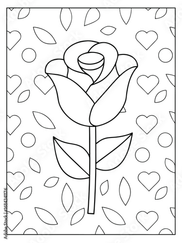 Outline of a Rose with Hearts and Leaves for Coloring Page flower floral