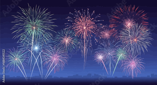 Colorful fireworks exploding in a dark night sky over a silhouetted landscape.