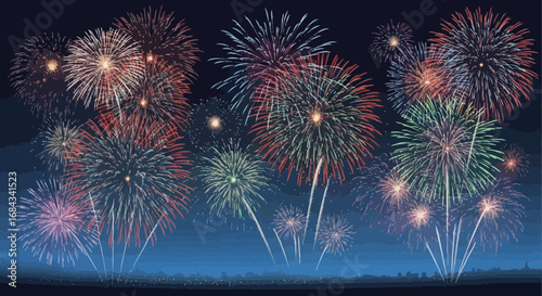 A vibrant display of colorful fireworks exploding in the night sky, illuminating the darkness with bursts of light.