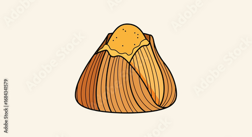 A stylized illustration of a single, golden-brown tamale, unwrapped to reveal its fluffy, yellow corn masa filling.