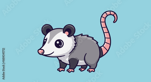 A cute, cartoon illustration of a gray opossum with a long, pink, striped tail, standing on a light blue background.