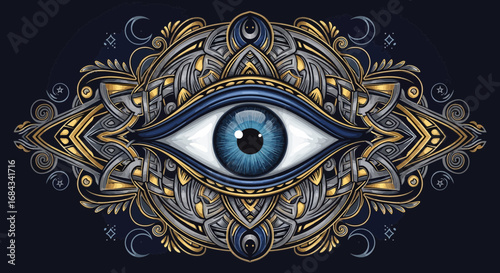 An ornate, mystical blue eye surrounded by intricate gold and silver symmetrical patterns.