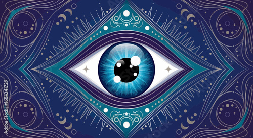 Mystical all-seeing eye with a vibrant blue iris, adorned with celestial moons and ornate esoteric patterns.