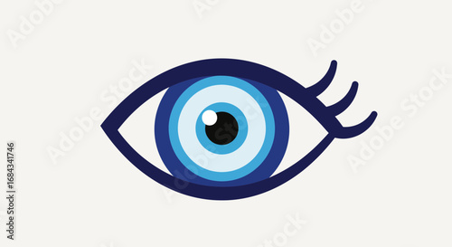 A stylized illustration of a blue eye, featuring a central dark pupil and surrounding concentric circles.