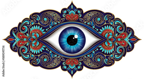 An ornate, stylized blue eye with intricate decorative patterns in red, gold, and teal, evoking a sense of mysticism and protection.