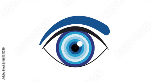 A stylized illustration of a blue eye, featuring concentric circles and a curved eyebrow, set against a white background.