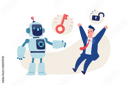 businessman receiving key to unlock idea from AI robot