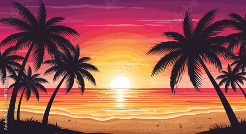 A stunning tropical beach sunset illustration featuring silhouetted palm trees against a vibrant, colorful sky and ocean.