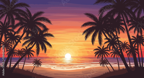 A vibrant tropical sunset over a serene beach, framed by silhouetted palm trees, with the sun casting golden rays across the ocean.