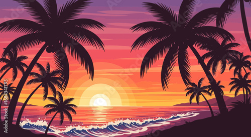 Silhouetted palm trees frame a vibrant tropical sunset over the ocean, with gentle waves lapping at the sandy shore.