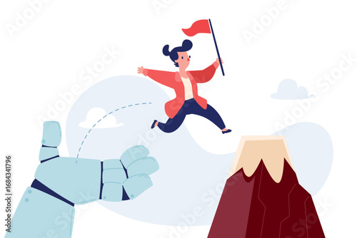 businesswoman jump off robot hand to the top of mountain