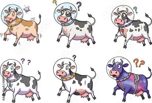 Confused space cows wearing astronaut helmets floating in space, funny cosmic cows, colorful cartoon farm animals in space suits