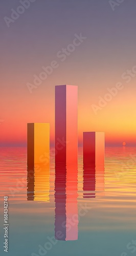 Three colorful blocks rise from calm water at sunset, reflecting in the still surface