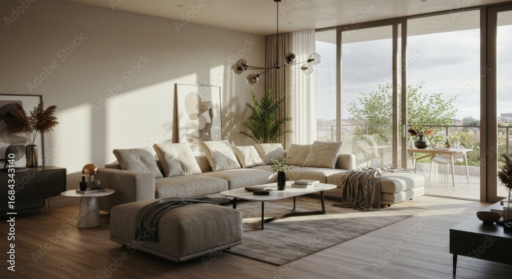 Fototapeta premium Modern Living Room Interior with Large Sofa and Balcony View.