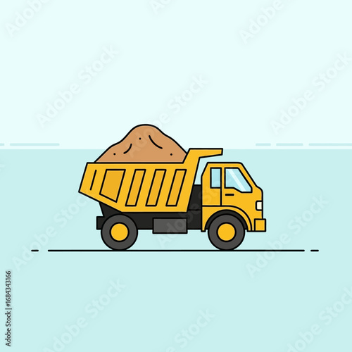Yellow dump truck with sand vector illustration. Construction industry transport icon