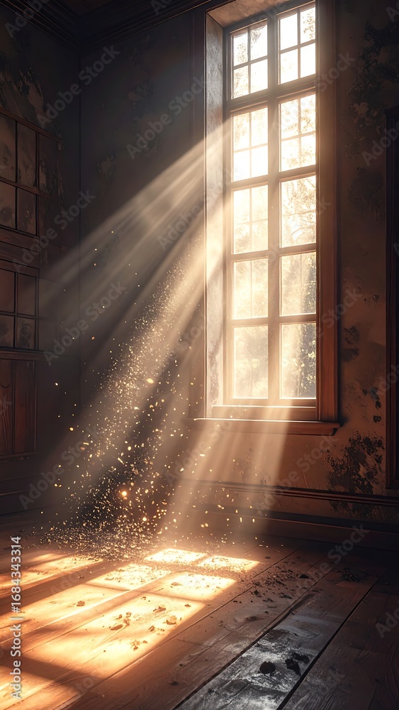 Fototapeta premium Sunlight streams through a large window, illuminating dust motes dancing on a weathered wooden floor in a darkened room.