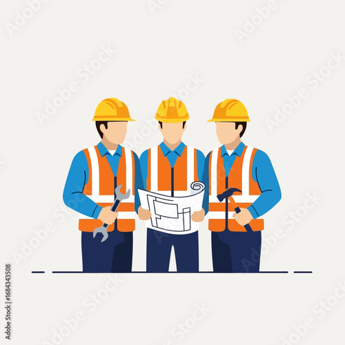 A team of builders and engineers in safety gear collaborating on a project blueprint illustration