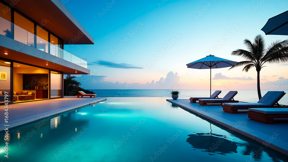 Fototapeta premium Luxury Oceanfront Villa with Infinity Pool at Sunset Tropical Paradise Retreat