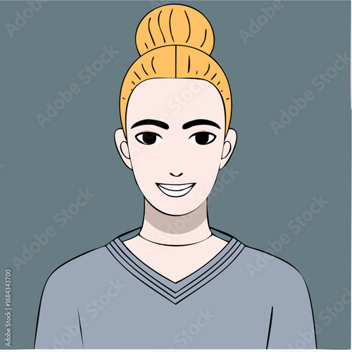 modern russian nonbinary in strawberry blonde top knot heather gray blush athleisure vector portrait design
