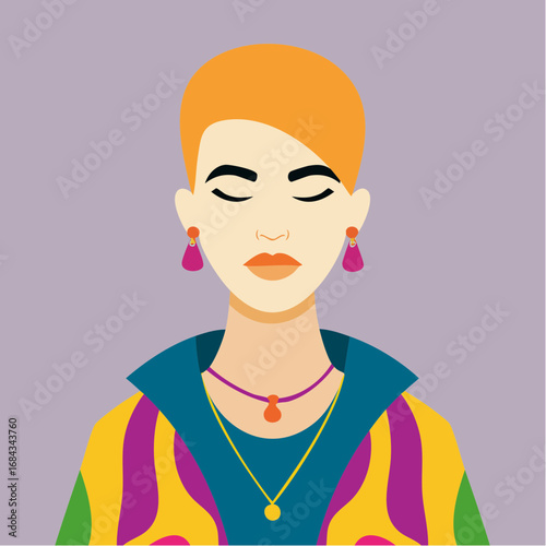 confident mexican nonbinary in honey blonde pixie bold prints primary colors snapback cap vector portrait