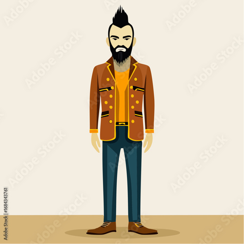 vintage egyptian cool in copper pompadour brown suede jacket olive flares aviator hat vector flat portrait