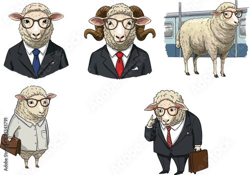 Cartoon sheep in business suits, anthropomorphic sheep characters, professional animal illustration, funny office concept, corporate sheep artwork vector.